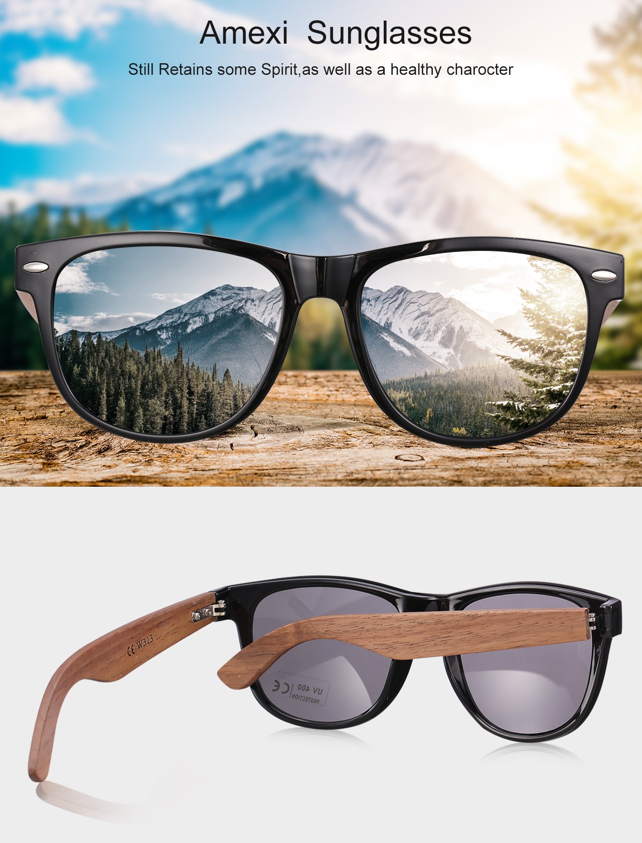 Amexi occhiali da sole in legno UV400 - occhiali con astine in bambù unisex uomo donna - con custodia vintage - diversi colori/Sport Outdoor Sport Pesca Ultra Leggero Occhiali da sole (black)