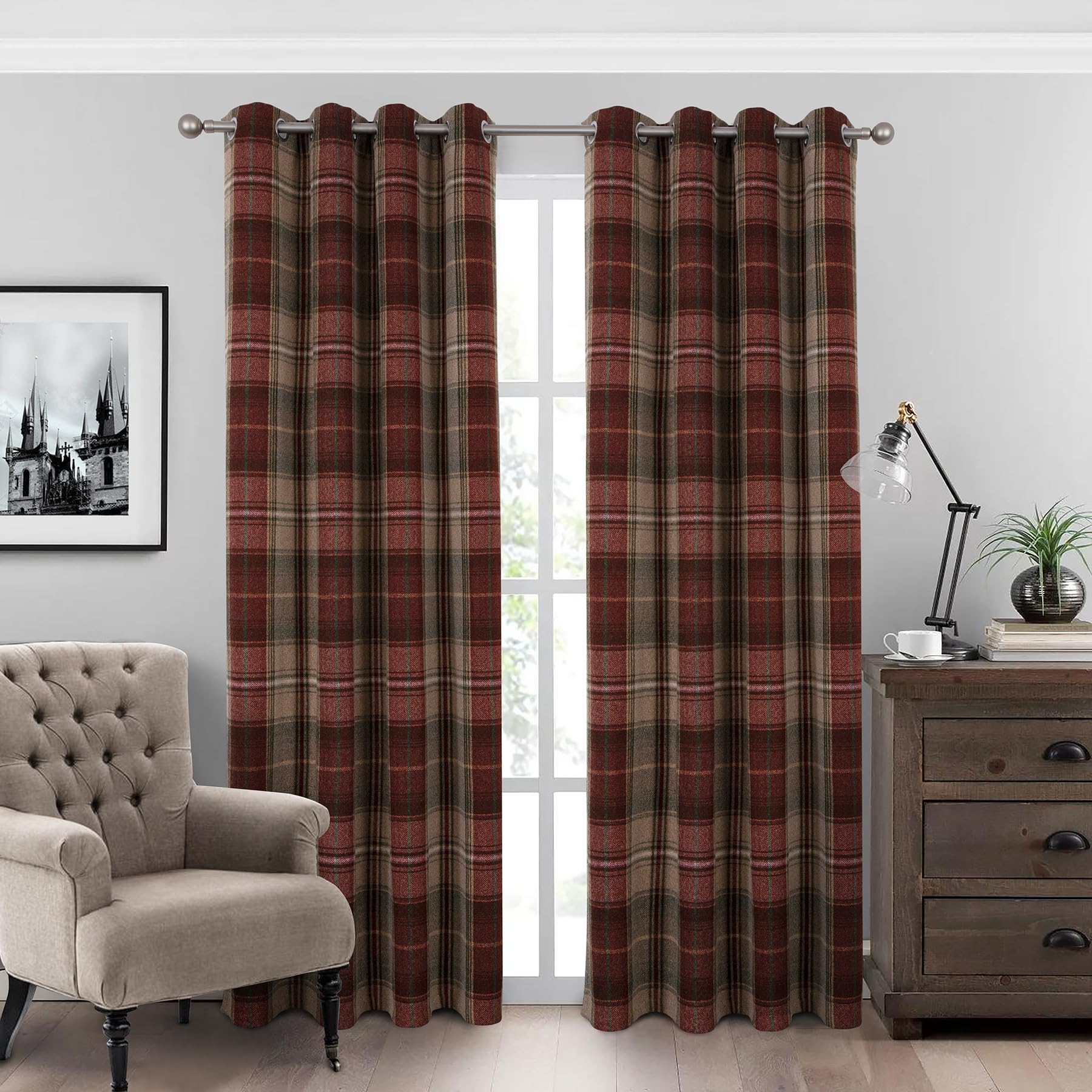always4u 100% Blackout Curtains Check Eyelet Bedroom Tartan Curtain Plaid Brushed Cheque Pair of Highland Woolen Look Window Treatment for Living Room Dark Red 66 * 54 Inches