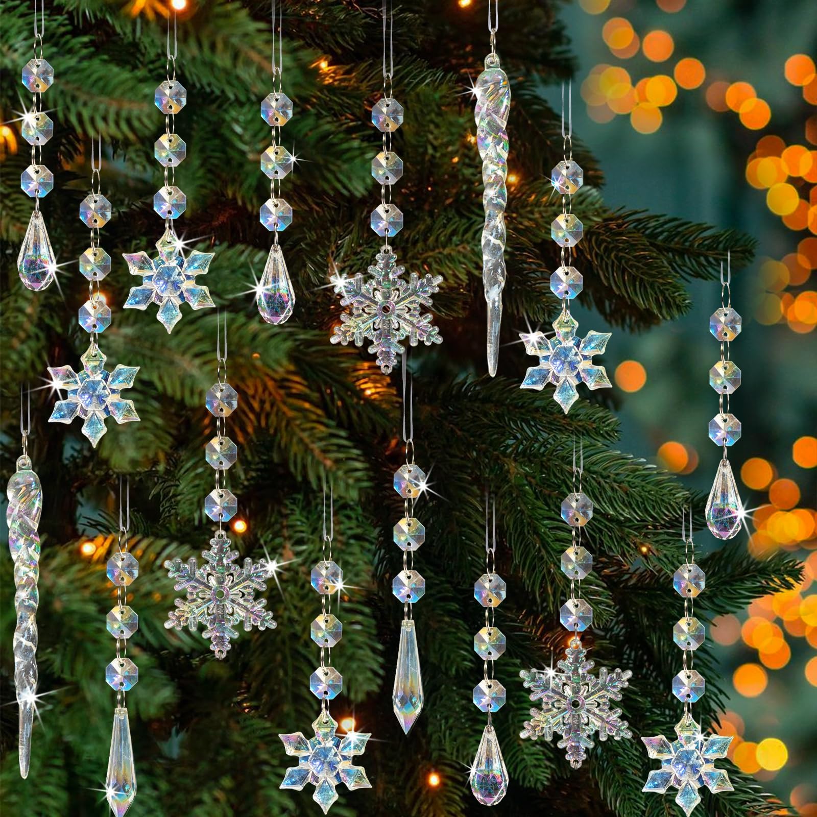 Photo 1 of 32pcs Christmas Decoration Crystal Ornaments - Iridescent Christmas Tree Ornaments Acrylic Snowflakes Drop Icicle Pendants Hanging Ornaments for Xmas Tree Winter Holiday Frozen Party Decorations