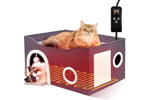 HEEYOO Indoor Heated Cat House, Adjustable Temperature Cat Heating Bed with Timer and Chew Resistant Cord, Large Cat House with Heating Pad for Small Medium and Large Cats