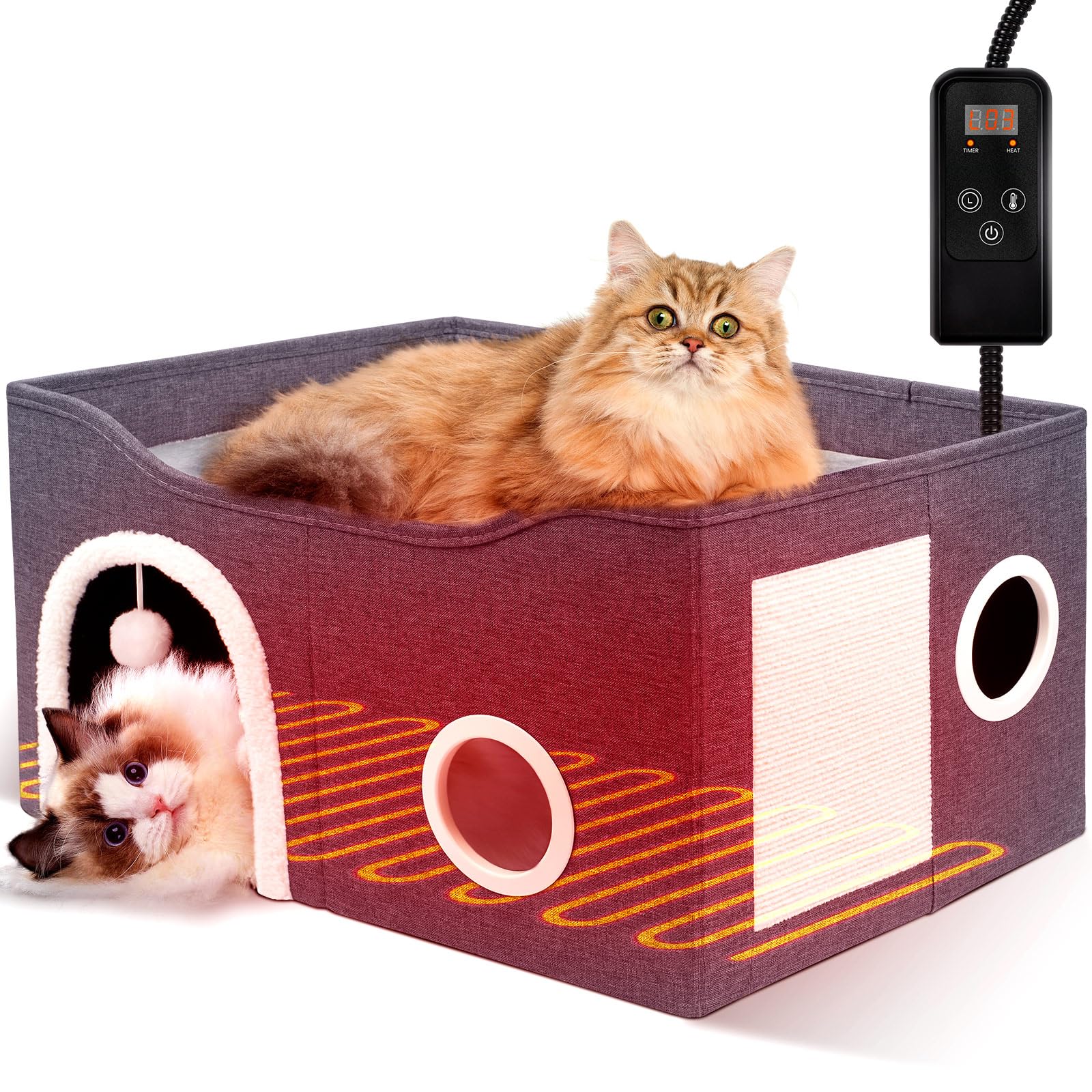 Indoor Heated Cat House, Adjustable Temperature Cat Heating Bed with Timer and Chew Resistant Cord, Large Cat House with Heating Pad for Small Medium and Large Cats Image