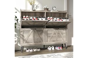 NOVAMAISON Shoe Cabinet with 4 Flip Drawers, Entryway Shoe Storage Cabinet Slim, Farmhouse Shoe Organizer Cabinet for Entryway, Narrow Hidden Shoe Cabinet with Wooden Legs, Washed Gray
