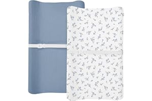 MEOWCARDS Changing Pad Cover for Baby Boy Girl 2 Pack, Muslin Changing Table Pad Covers with Boho Style, Neutral Nursery Bedding Essentials Soft and Breathable (Bluebell Bloom & Light Blue)