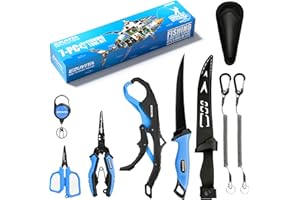 EZUVITA 7-Piece Fishing Tool Kit - Fishing Pliers with Lanyard and Protective Sheaths, 7-inch Fishing Knife, Fishing Lip Gripper, Fishing Scissors with Tool Retractor, Fishing Gifts for Fishmen