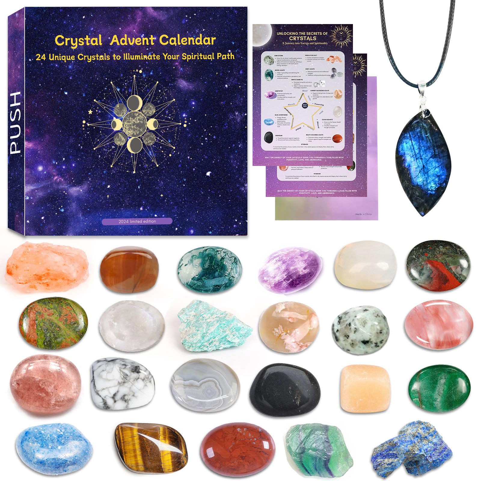 ANOTION Crystal Advent Calendar 2025, 24 Days Christmas Countdown Gemstones Natural Chakra Healing Stones Spiritual Gifts for Women, Novelty Minerals Fossils Beauty Kit for Adult Teens Boys Girls