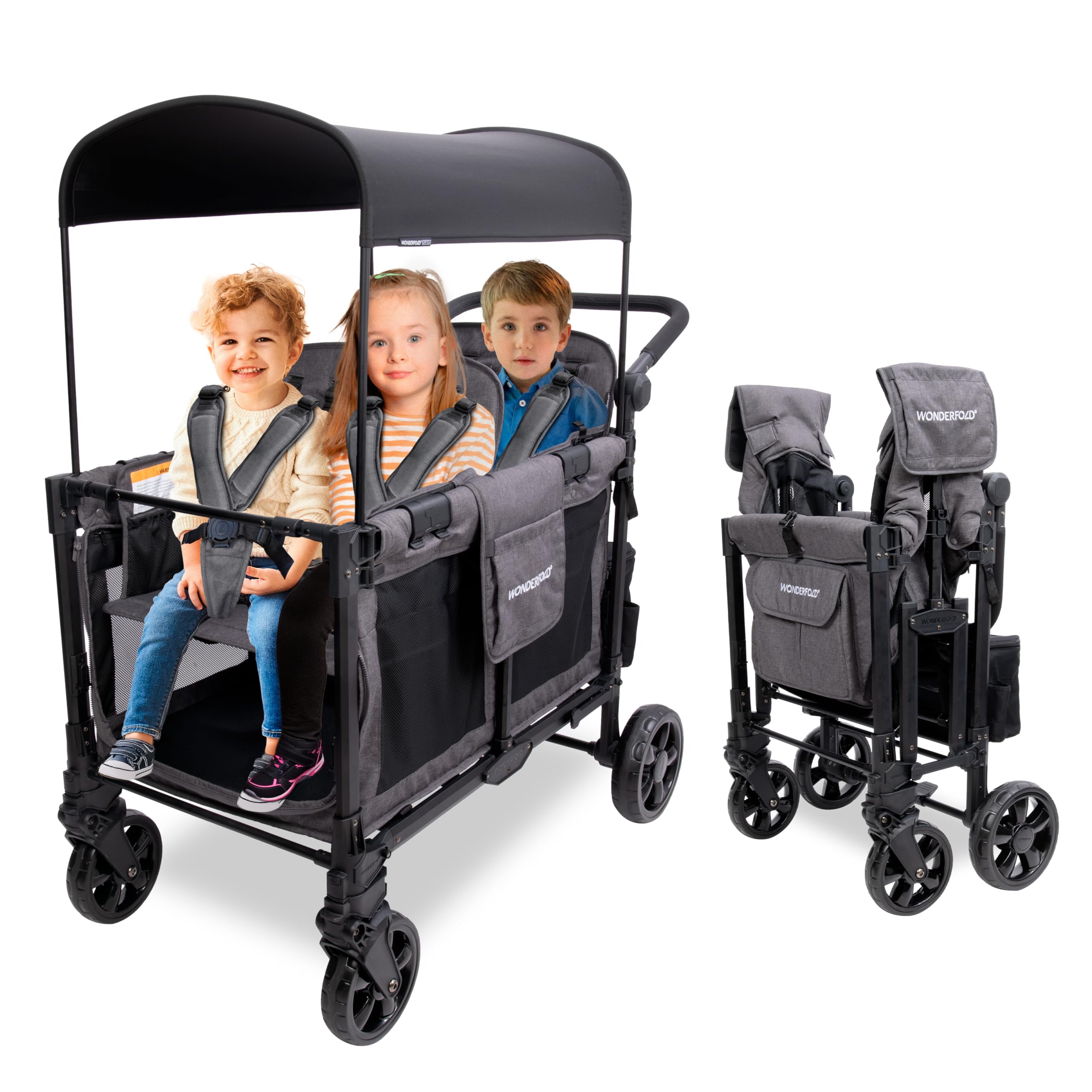 Photo 1 of WONDERFOLD W4 Elite Pro Stroller Wagon (4 Seater) - Collapsible Wagon Stroller with Seats with 5-Point Harnesses, Adjustable Push Handle, and Adjustable Sun Canopy, Charcoal Gray