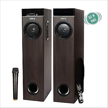 AISEN 60W RMS 2.0 Twin Tower Hi-Fi Mini Party Speaker with Wireless Microphone,Karaoke Compatible,Remote Control,Aux Support_A60UFB510 (Brown)