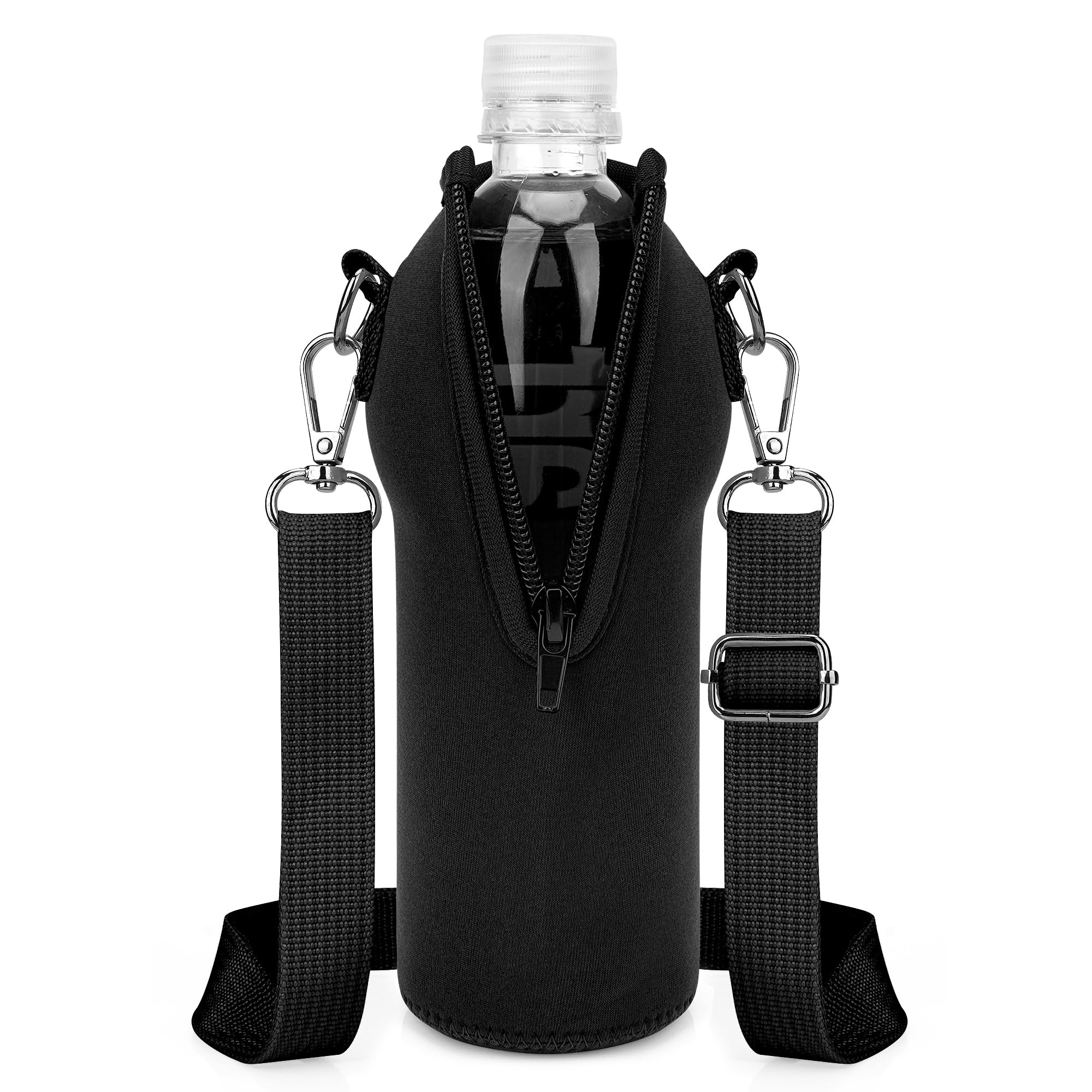 Linkidea Disposable Water Bottle Carrier with Strap Compatible with Smartwater 16.9/20Fl Oz, Evian, Insulated Neoprene Plastic Bottled Water Cover with Clip for Backpack (Black)
