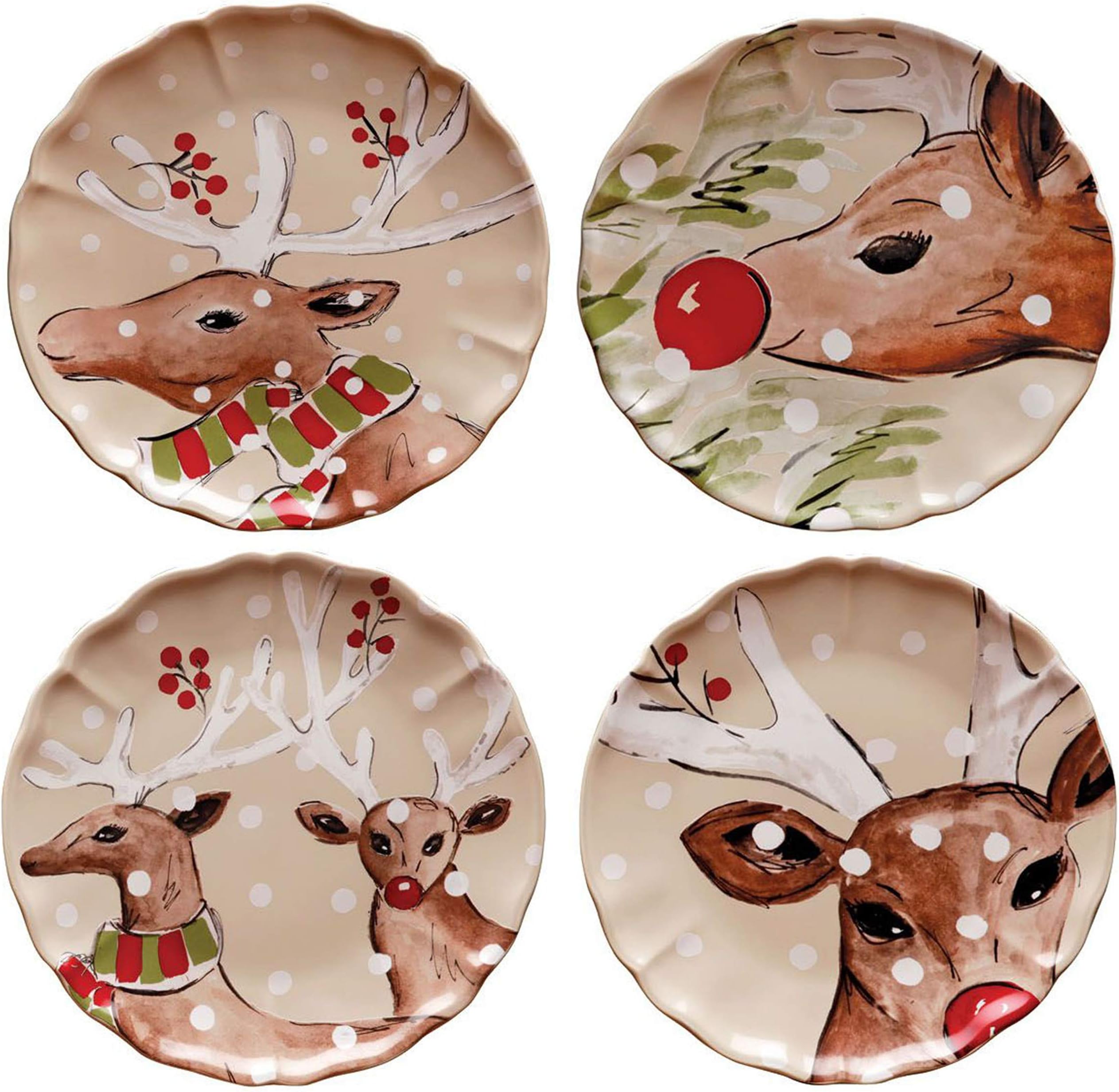 Casafina Deer Friends Collection Fine Stoneware Ceramic Set 4 Dinner Plates 10,5", Linen