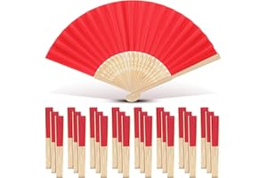 Yinkin 24 Pack Folding Fans Bamboo Handheld Folded Craft Hand Japanese Chinese Fans for Weddings Bridal Dancing Church DIY Decoration Women Kids Gift Party Favors (Red)
