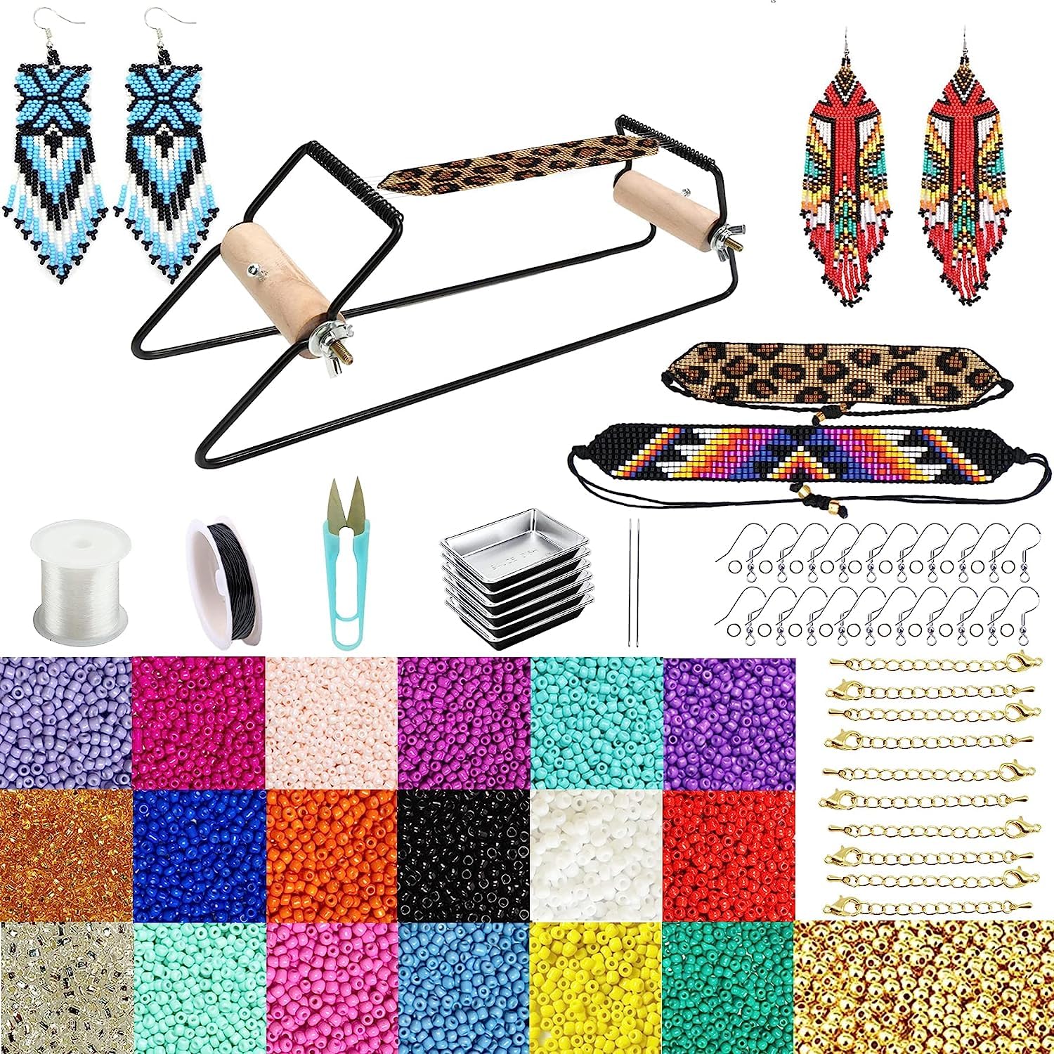 Frame Beading Loom Kit for Boho Beaded Bracelets Earrings Belts Making, Includes 16000 Glass Seed Beads(dia 3mm) and 1200 Gold/Silver Bling Beads,150 Meter Clear Cord, Beading Trays, Needles and Instr