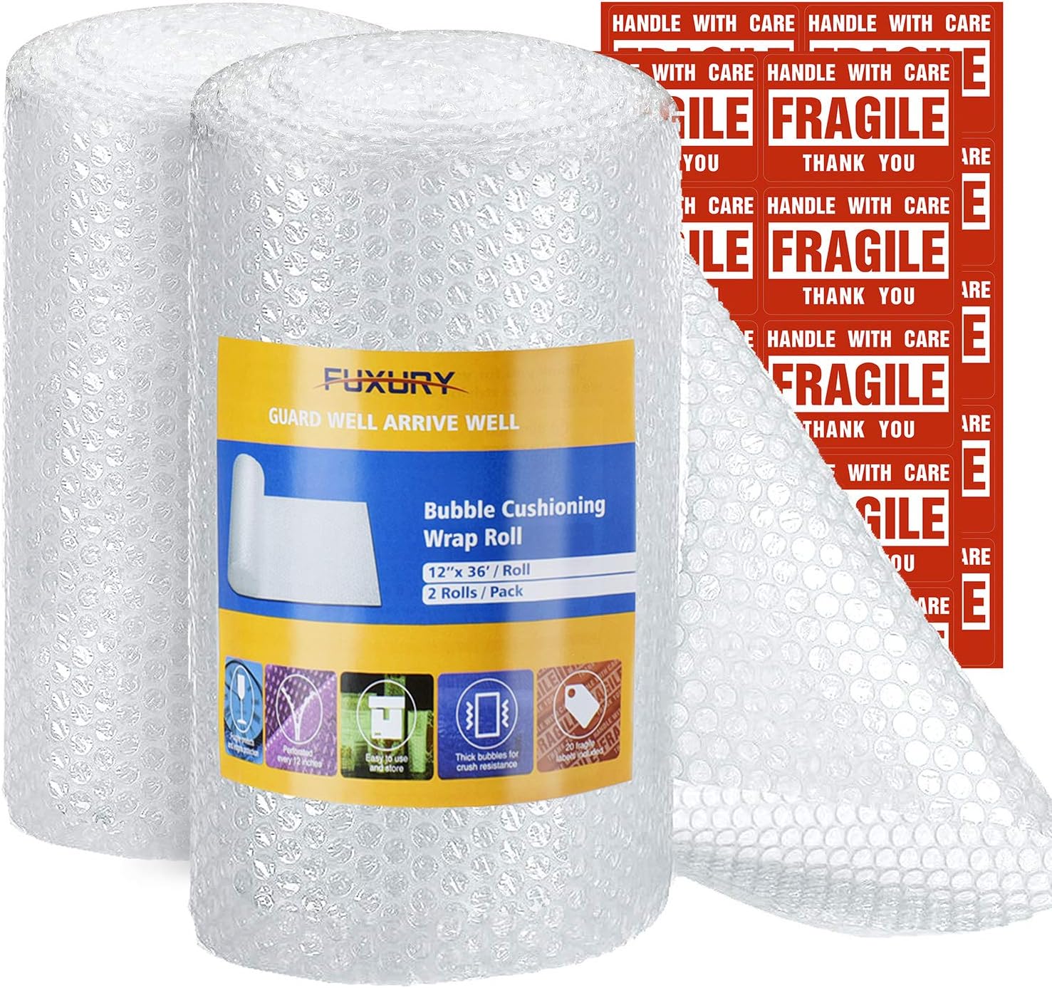 Fuxury Bubble Cushioning Wrap Roll Air Bubble Roll 2 Rolls 72 Feet Total, Perforated Every 12", Included 20 Fragile Sticker Labels for Packaging Moving Shipping Boxes Supplies : Office Products