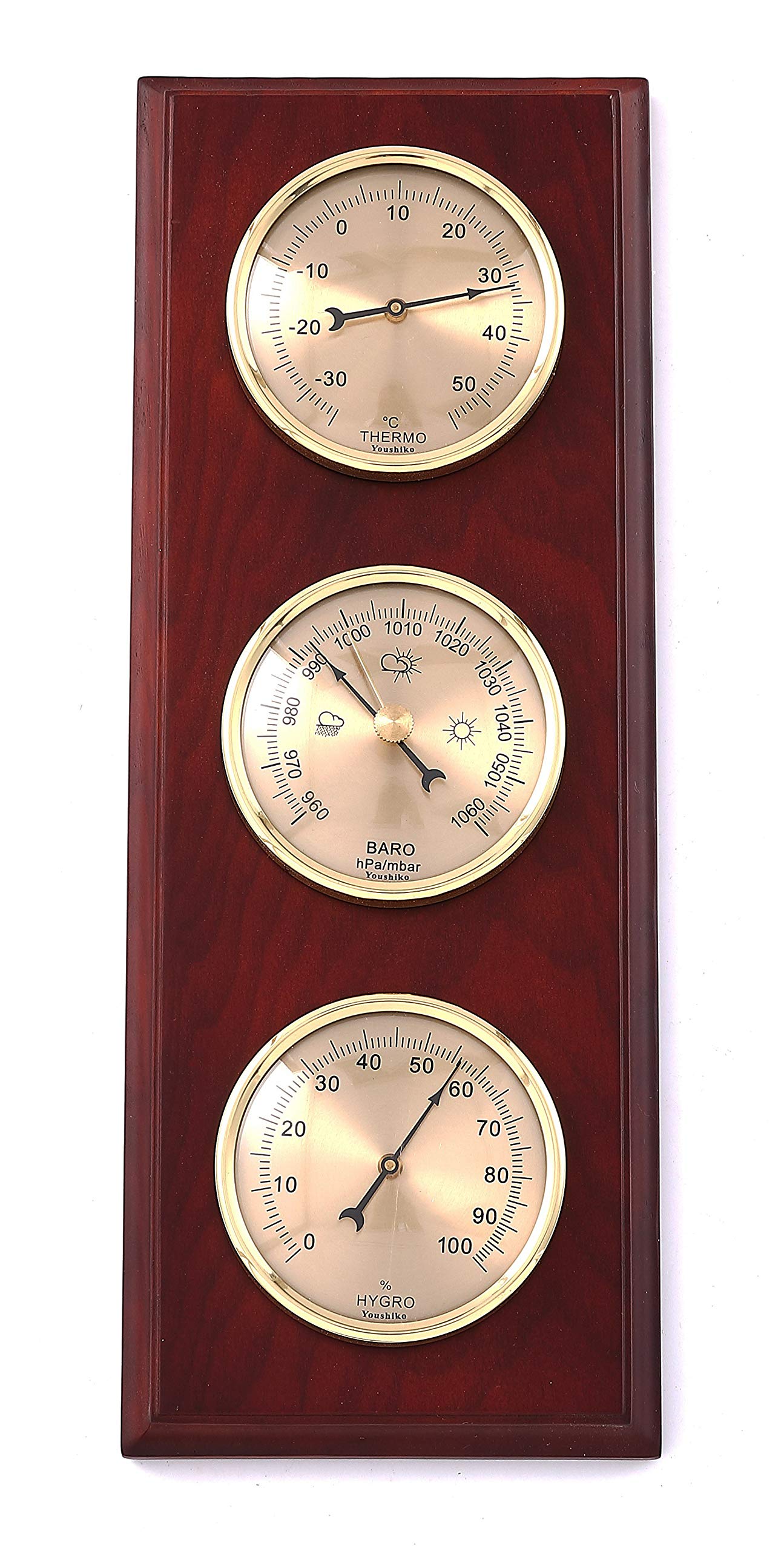 Youshiko 3 in 1 Weather Station for Indoor and Outdoor Use, Barometer Thermometer Hygrometer, Wood Frame Size: 30 x 10 cm)