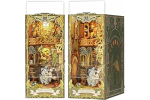Jioustoy Book Nook Kit for Adult, Booknook with Dust Cover. DIY Miniature Dollhouse 3D Wooden Puzzle Bookend with LED for Bookshelf Insert Decor, Creative Gift for Teens and Adults (Green Fairyland)