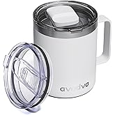 avodvo 12oz Insulated Coffee Mug with Lid – Includes Two Lids, Stainless Steel Coffee Travel Mug with Handle, Double Wall Vacuum Insulated Camping Mug for Home, Office & Outdoor, White