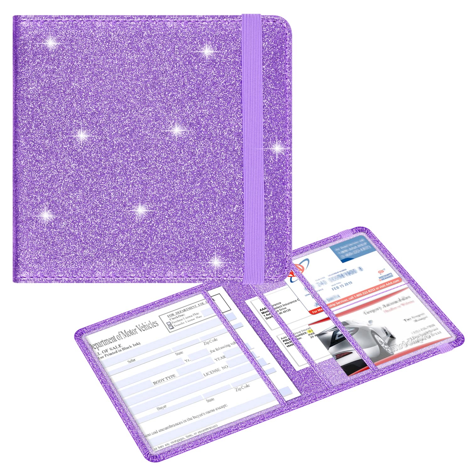 wisdompro Car Registration and Insurance Documents Holder - Premium PU Leather Vehicle Driving Licence Holder Paperwork Wallet Case Organiser for Vehicle Documents and Cards - Bling Purple