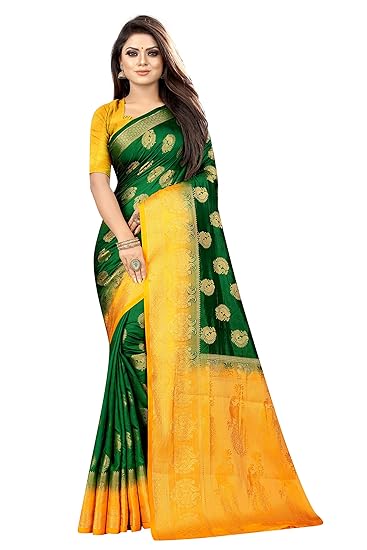 Women's Kanjivaram Silk Blend Booti Jacquard Saree With Blouse Piece