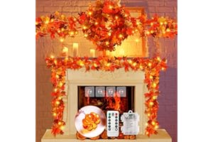VIHOSE 2 Pack Fall Decor Maple Leaves Garland 11.5 Ft 40 LED with Light Battery Operated and Timer Remote, Halloween Thanksgiving Decoration Fall Leaf Garland with Pumpkin String Light(Colorful)