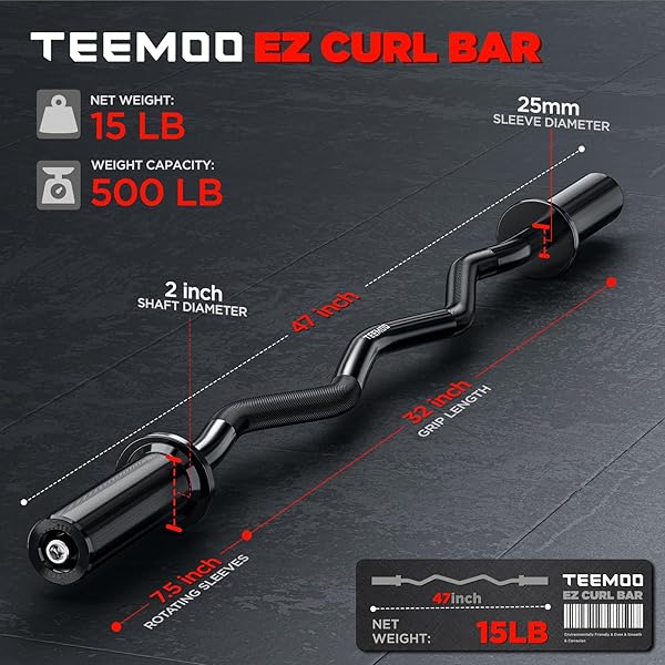 TEEMOO OLYMPIC EZ CURL BARBELL BAR, 47″ CURL BAR WITH 2 SPRING COLLARS, CURLING BAR FOR WEIGHT LIFTING, SQUAT, HIP THRUSTS, BICEPS, 500LB WEIGHT CAPACITY, E-COAT FINISH FOR 2 INCH WEIGHT PLATES (BLACK)