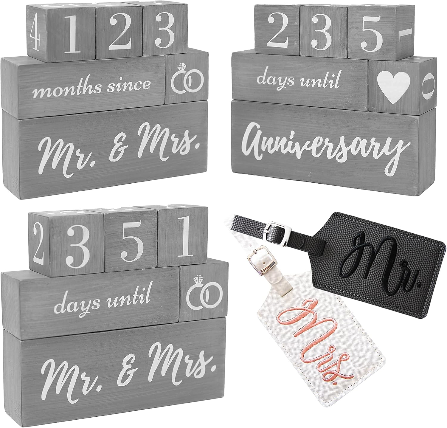 Advent Calendars - Wedding Countdown Calendar Block Mr and Mrs Luggage Tags His and Hers - 2 Item Gift Set | Reversible Text Block for Marriage, Anniversary Engagement Gifts for Couples, Bride to Be