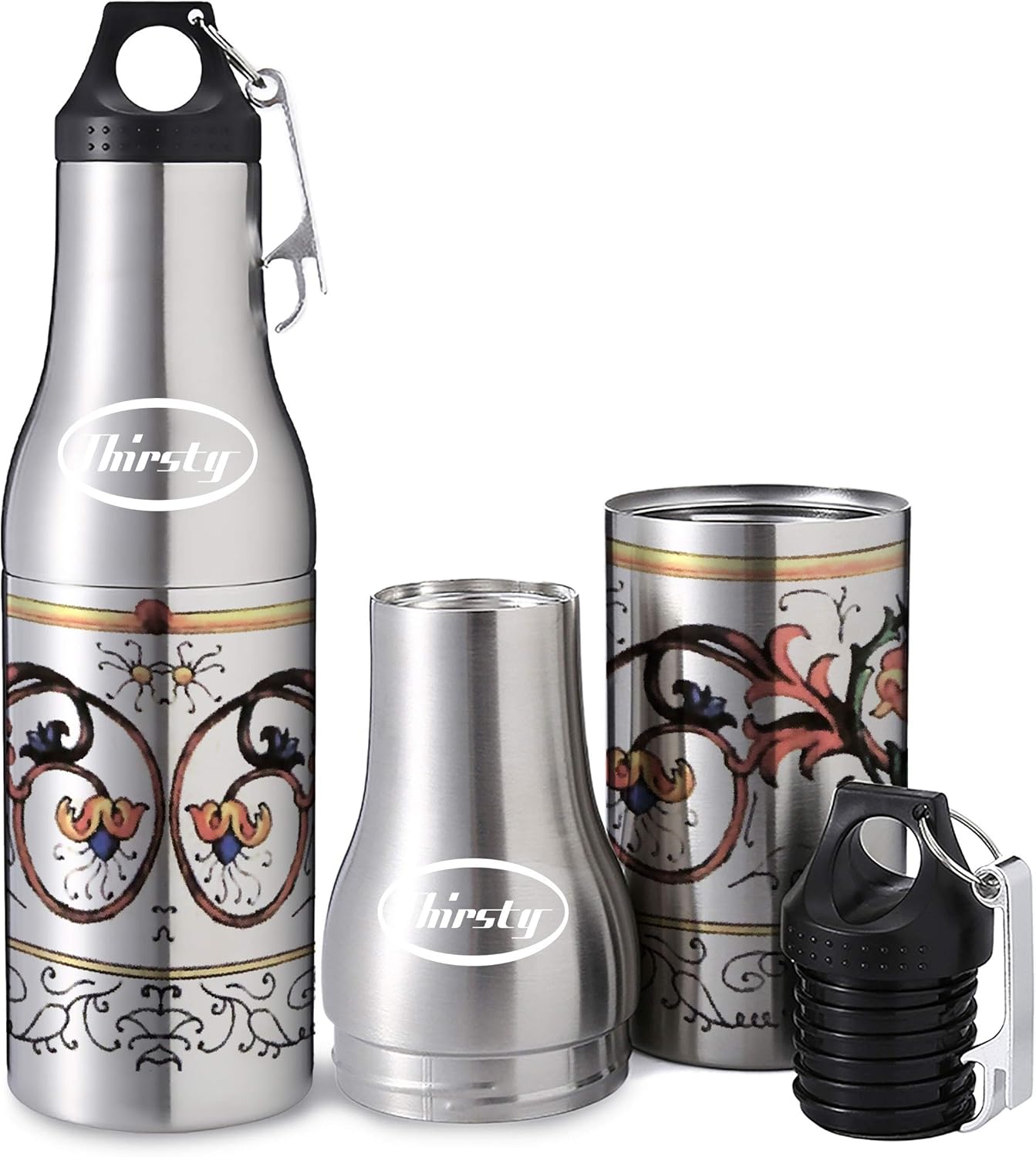 THIRSTY - Stainless Steel Beer Bottle Holder - Insulated Bottle Keeper with Beer Bottle Opener - Double Walled Bottle Cooler to Keep Beverage Cold - Fits Standard Beer Bottles/Can to Prevent Breakage