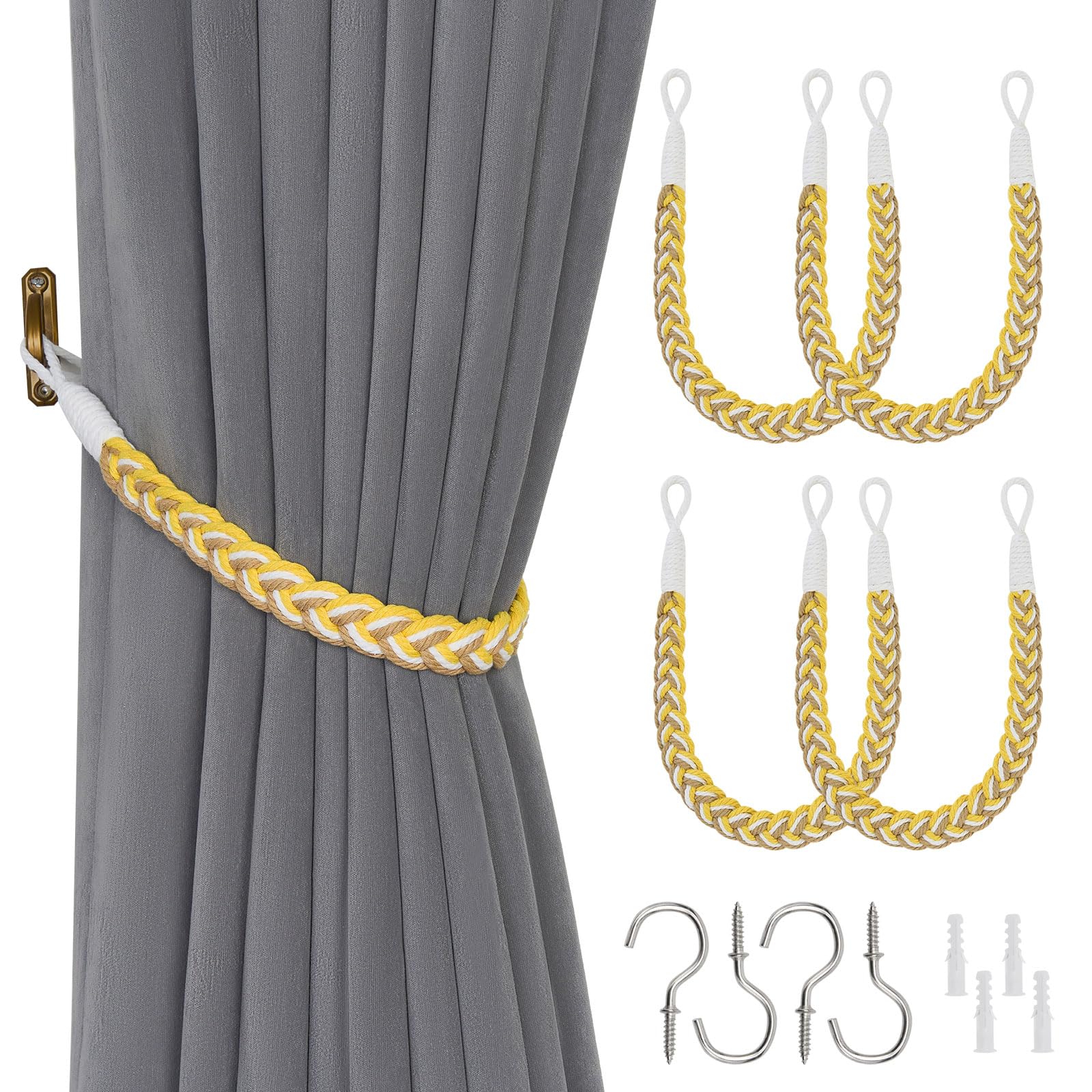 Pretty Jolly 4 Pack Natural Cotton Rope Curtain Tiebacks Elegant Boho Style Decorative Drape Tie Backs Soft Hand-Woven Rope Curtain Holdbacks with Metal Hook for Home Office Drapery (Yellow & White)