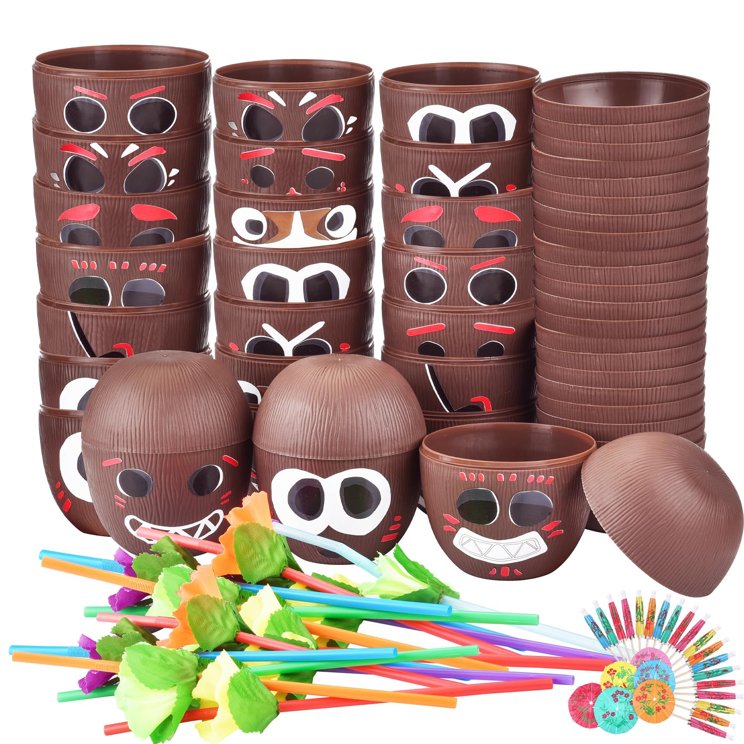 Photo 1 of 24 Pack Coconut Cups Plastic Hawaiian Cups,DIY Tropical Hawaiian Luau Tiki and Beach Party Decorations for Kids and Adults with 25 Straws 25 Cocktail Drink Picks and 26 Stickers