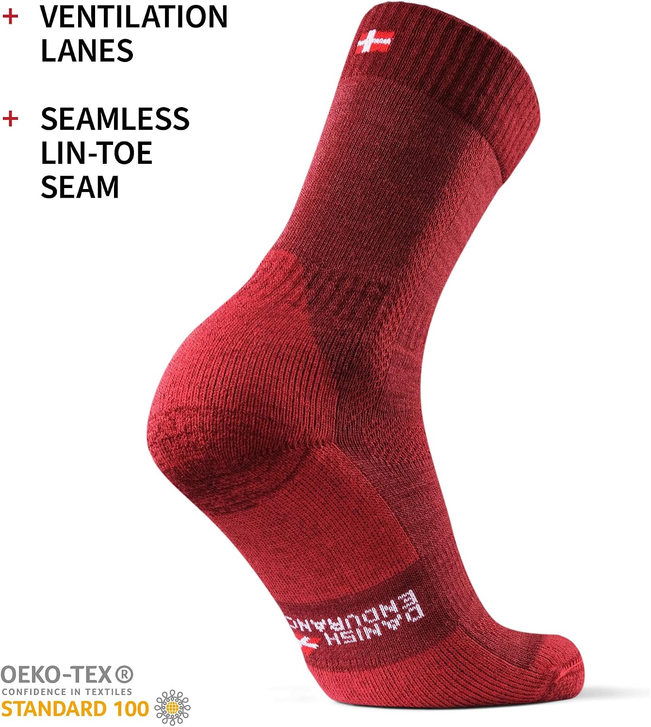 DANISH ENDURANCE Hiking Socks, Breathable Merino Wool Walking Socks, for Men & Women, Unisex, Wine Red, 3-5 - Image 4