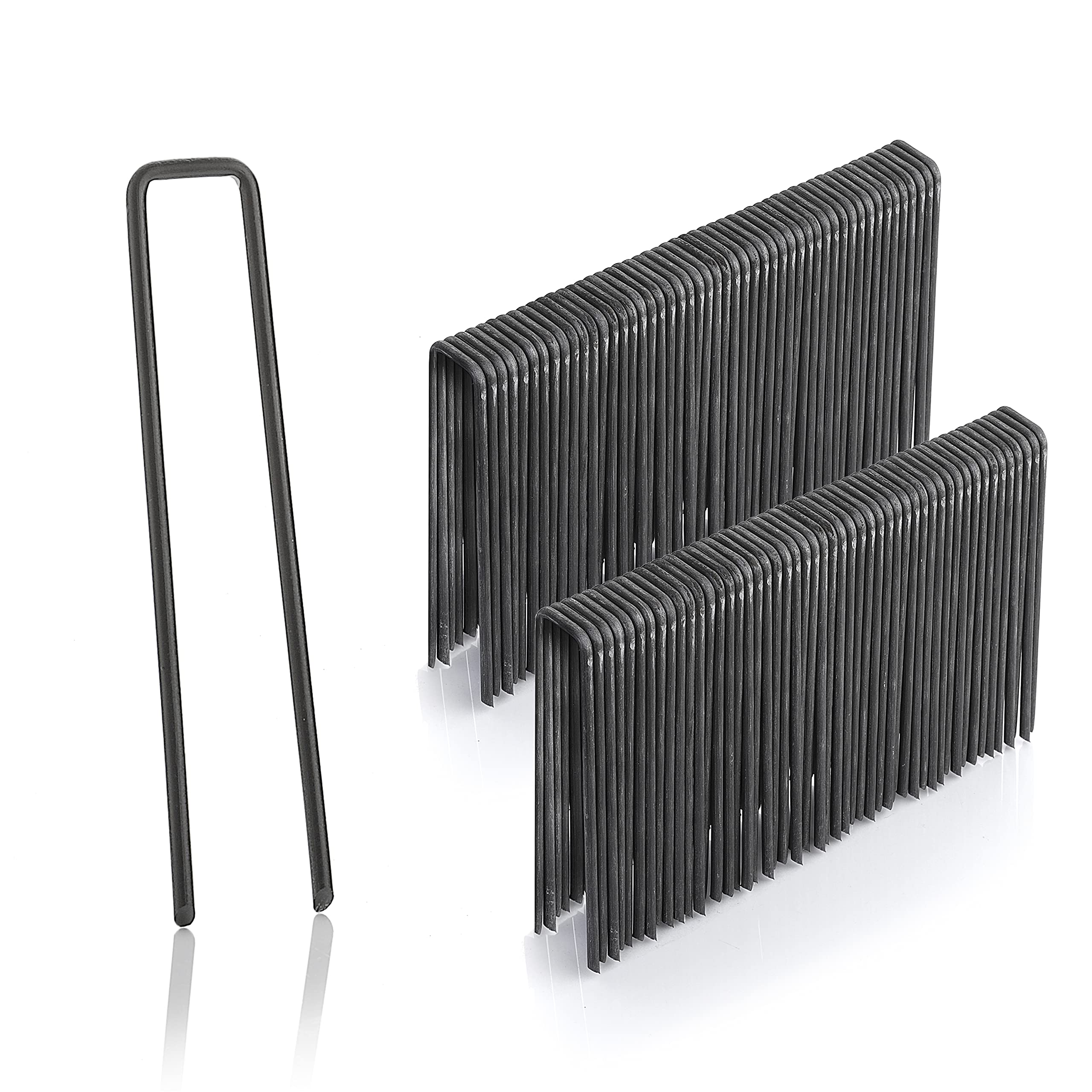 GardenMate Pack of 100 x 4''/100mm U-shaped multi-purpose steel Garden Securing Pegs - Ideal for securing weed fabric landscape fabric netting ground sheets and fleece - Made of 2.9mm steel wire