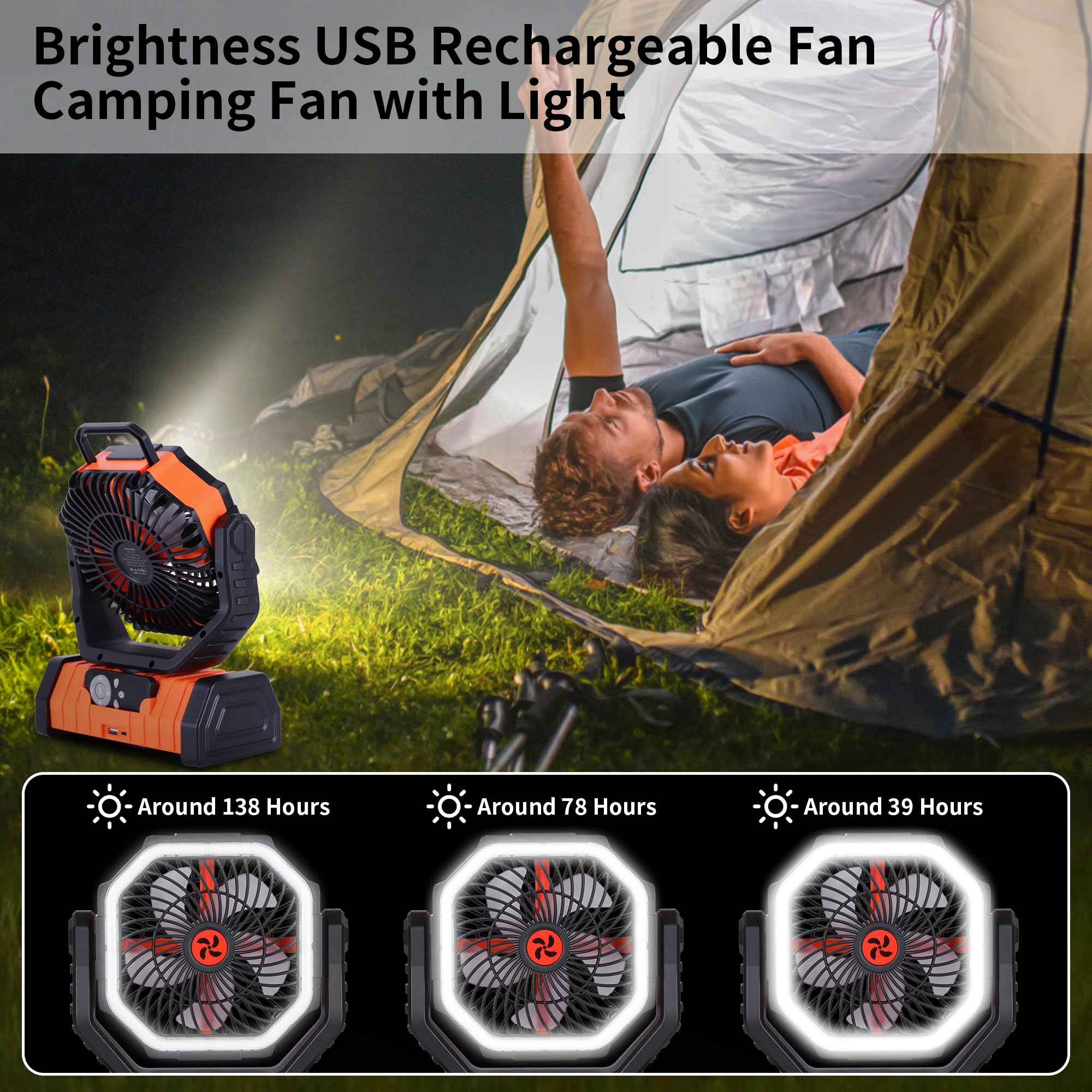 TDLOL 20000mAh Camping Fan Battery Operated,Portable Rechargeable Battery Powered Fan with LED Light,360°Oscillating & 8H Timer Portable Camping UEssentials Fans with Hook