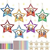 Wovnet 48 Pcs Christmas Wooden Nativity Craft Kit Make Your Own Christmas Nativity Star Ornaments Christian Religious Xmas Craft with Gem Sticker Church Party Decoration Supplies