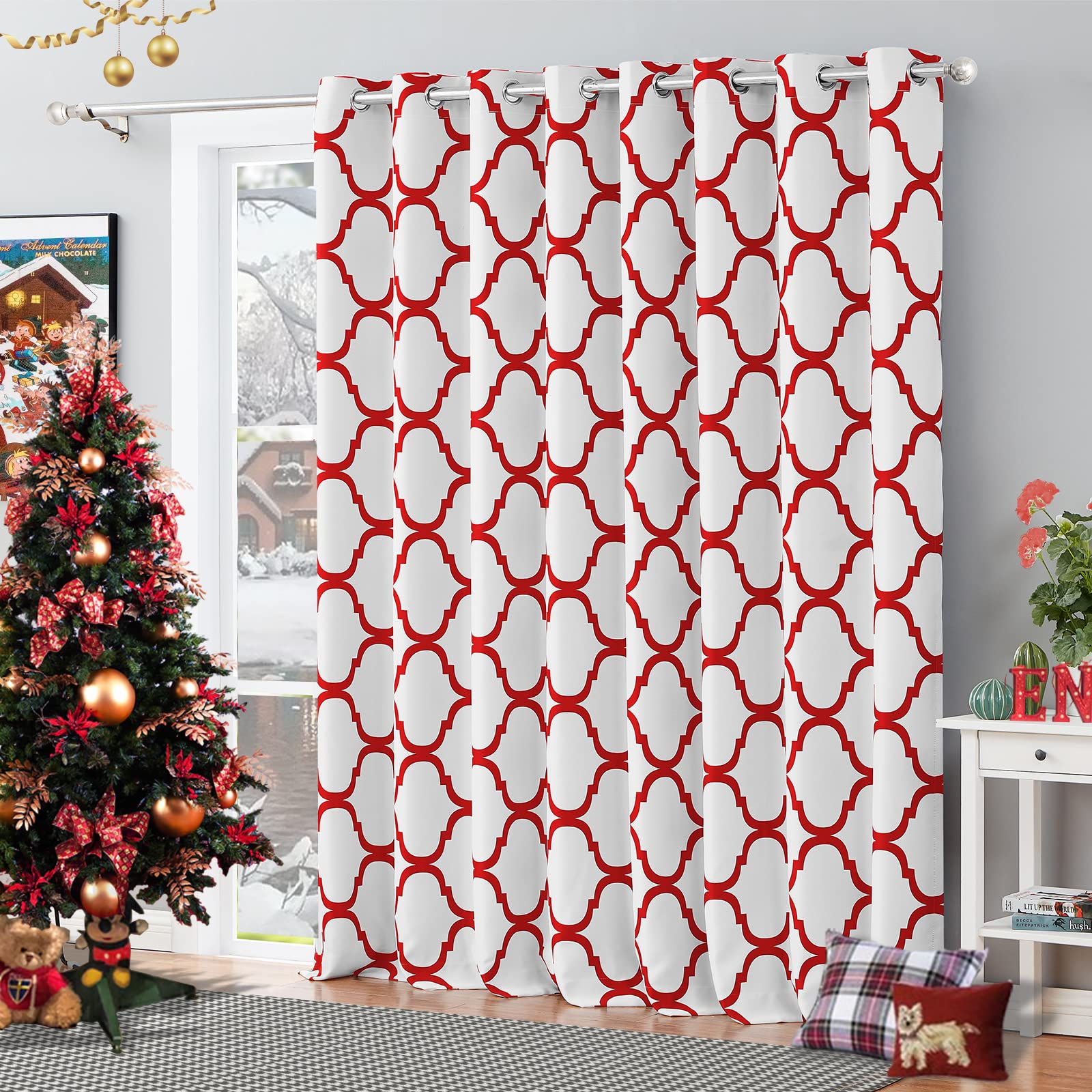 Melodieux Moroccan Patio Curtains for Extra Wide Window, Room Divider Blackout Grommet Drape for Sliding Glass Door, 1 Panel (100 x 96 Inch, Off White/Red)