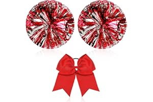 Hanaive 3 Pcs Cheerleading Pom Poms and Large Cheerleader Hair Bow Metallic Cheer Supplies for Team Spirit Sports Dance Cheering