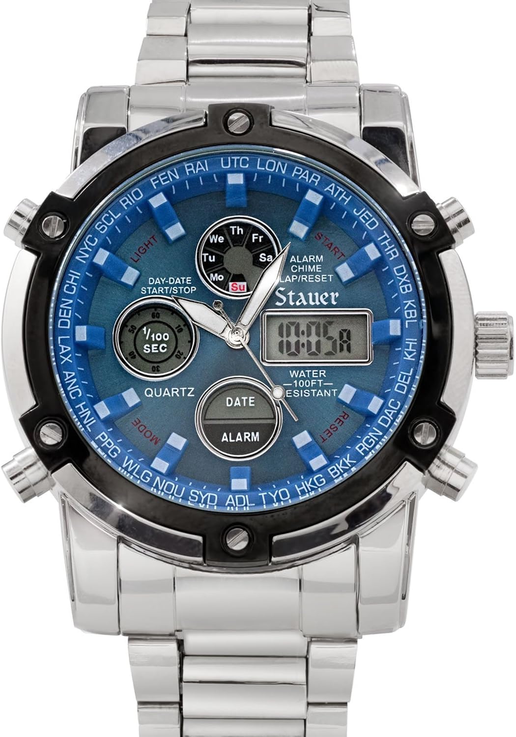 Stauer Men's Blue Stone Stainless Steel Chronograph Watch with Link