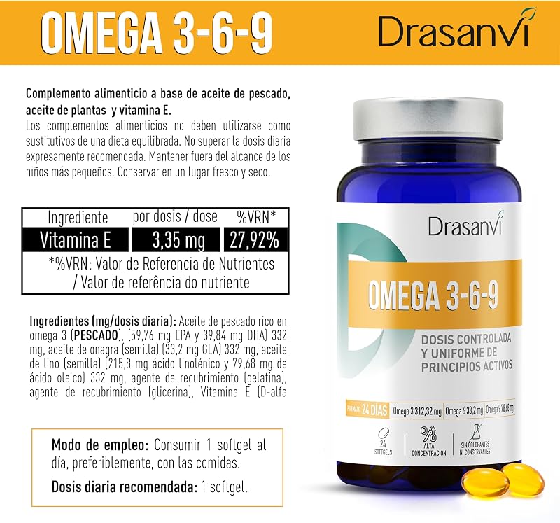 Omega 3-6-9 Drasanvi Nutrabasics con Aceite de Onagra y Lino en 24 Perlas