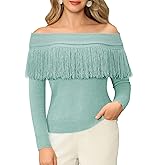 WLLW Women's Fringe Tops Juniors Boat Neck Sweater Long Sleeve Pullover Sweater Slim Fit Off Shoulder Sweaters