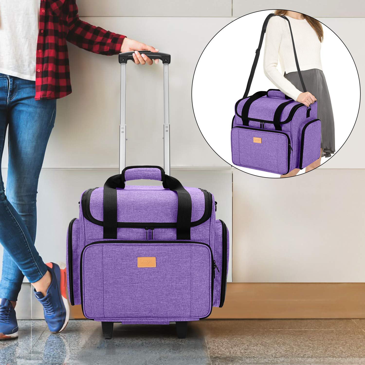 LUXJA Serger Case with Detachable Trolley Dolly, Bag with Removable Padding Pad (Fit for Most Standard Machines), Purple