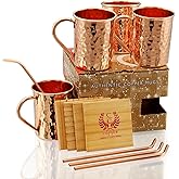 Gift Set Pure Copper Hammered Mugs with Copper Straws & Wooden Coasters Set of 4 - PREMIUM QUALITY -16 Oz Copper Mug - 100% Handcrafted - A Gift Pack for your loved Ones.