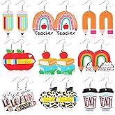 AUGSUN 9 Pairs Teacher Earrings for Women, Faux Leather Teardrop Earrings, Double-Sided Design Earrings, Rainbow Pencil Book Earrings for Graduation Teacher Appreciation Gift, Back to School Jewelry