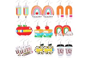 AUGSUN 9 Pairs Teacher Earrings for Women, Faux Leather Teardrop Earrings, Double-Sided Design Earrings, Rainbow Pencil Book Earrings for Graduation Teacher Appreciation Gift, Back to School Jewelry
