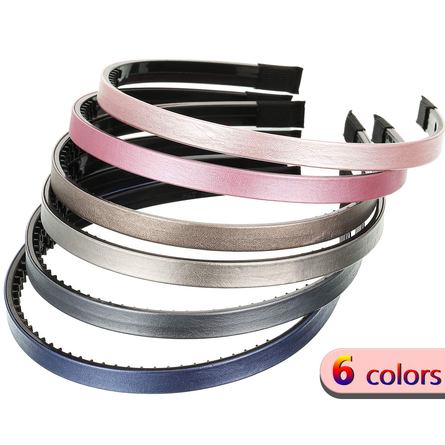 6 Pieces Skinny Leather Covered Headband Plastic Skinny Headband Hair Loop Clasp Hairbands Solid Simple Headband for Women and Girls (Lustrous Pink, Rose Red, Blue, Gold, Silver and Grey) : Beauty