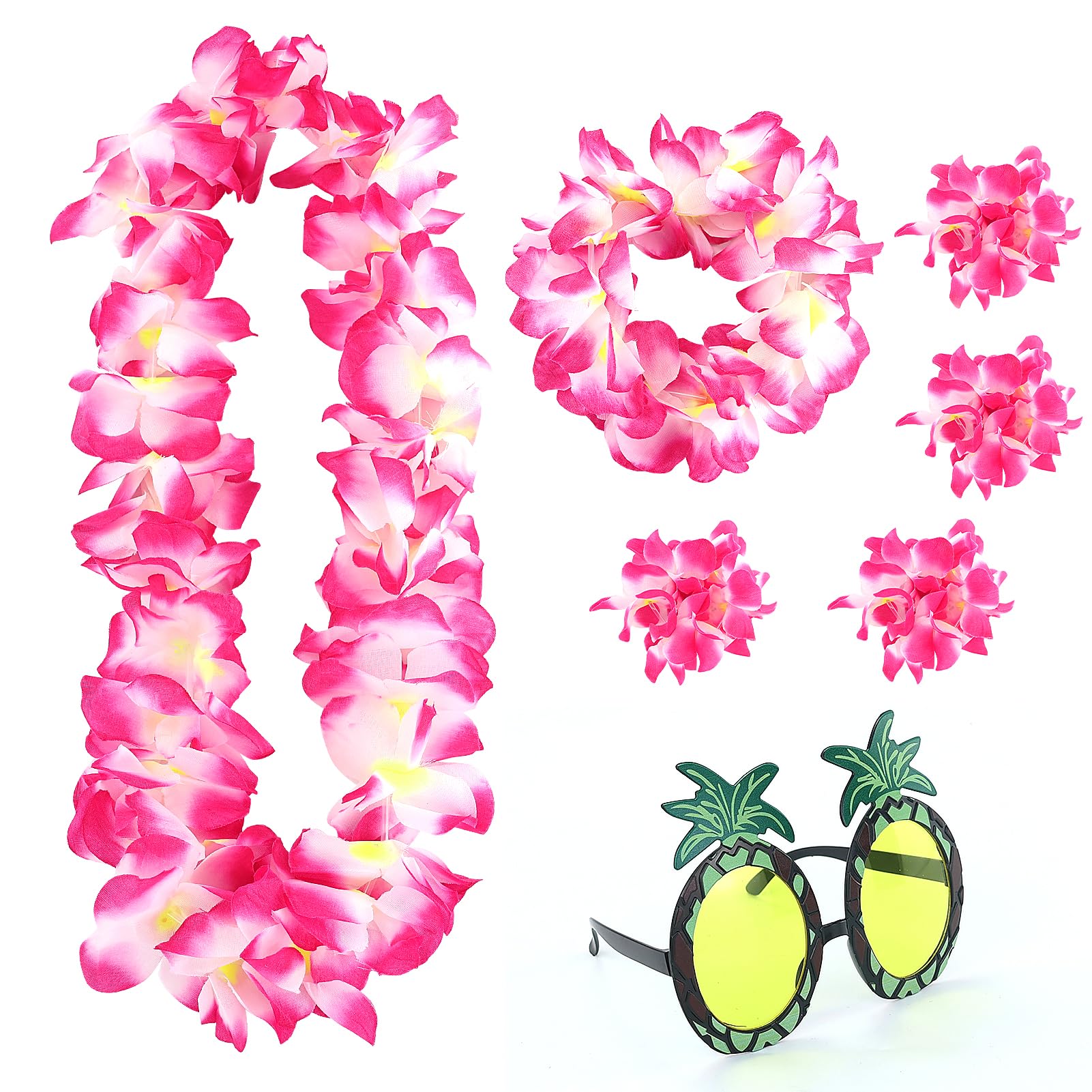 7 Pcs Hawaiian Fancy Dress Set,Hawaiian Flower Lei Set with Flower Garland,Pineapple Sunglasses,Headbands and Wristbands, Hawaiian Style Tropical Decoration for Summer Theme Party Beach Dance Perform