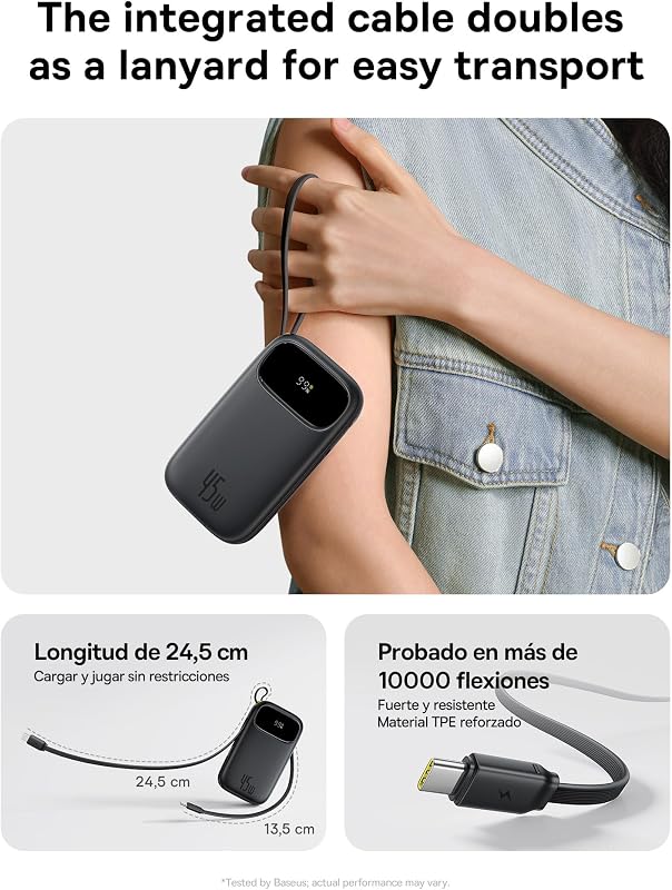 Baseus Powerbank 45W 20000mAh com 2 cabos USB-C integrados, Power Bank PD3.0 QC4.0 Baterias externas de carregamento rápido, 3 C 1 A, carregador portátil para iPhone 16/15/14 Pro MAX, Samsung, Preto