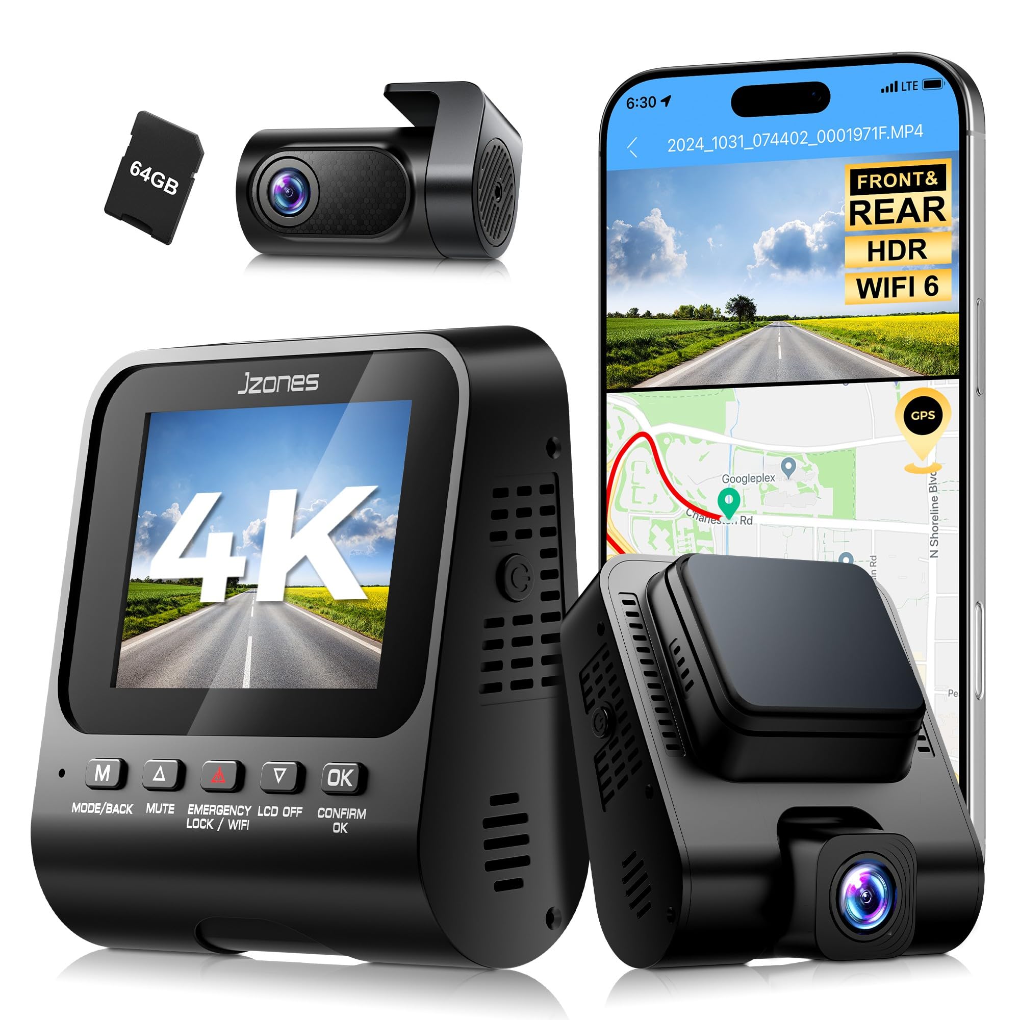 Photo 1 of 4K Dash Cam Front and Rear, Dash Camera for Cars 2 Channel HDR, WiFi 6, Free 64GB Included, Built-in GPS, Night Vision, 170°Wide Angle, G-Sensor, 24H Parking Monitor, Car Camera Support 512GB Max