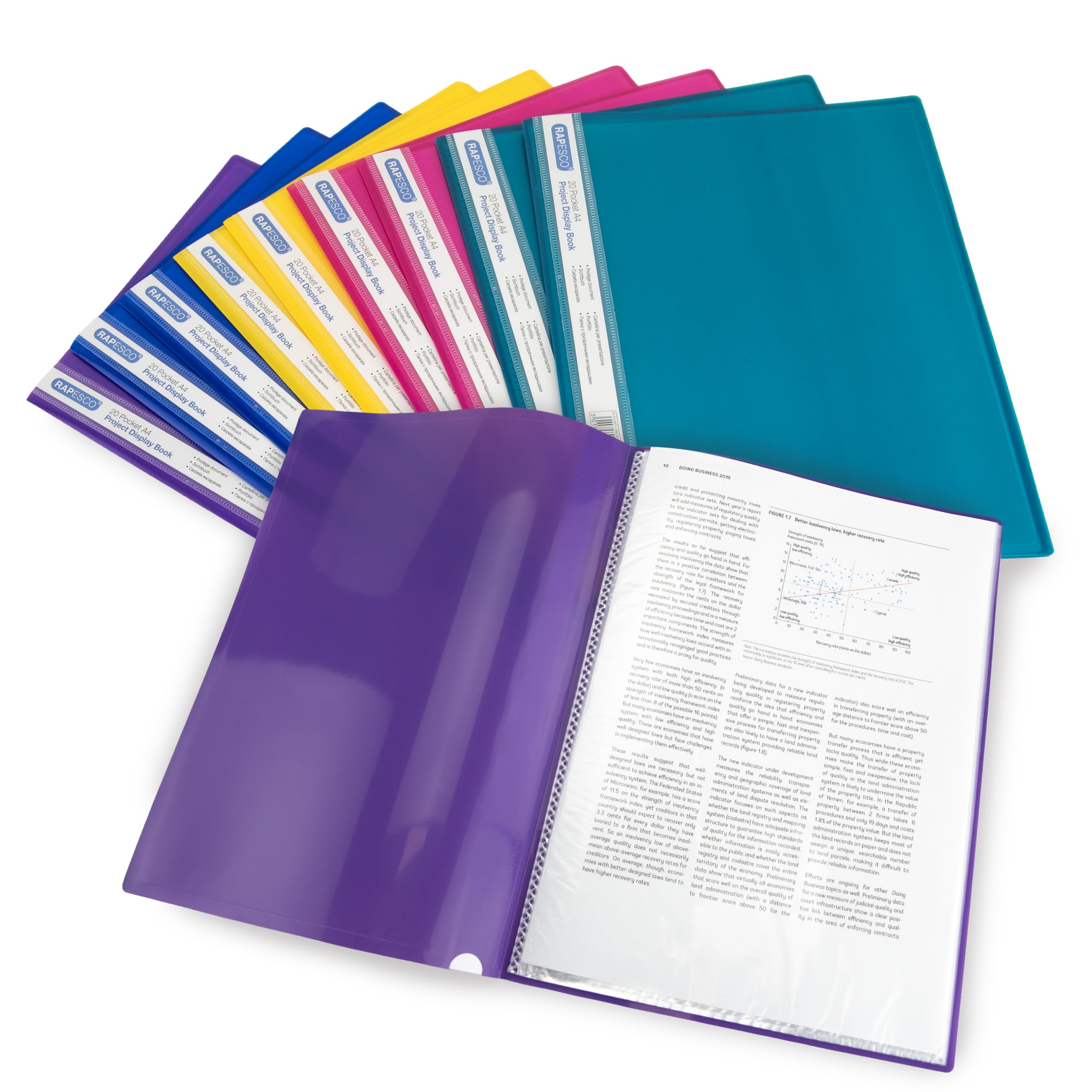 Rapesco 0919 A4 Project Presentation Display Book, 20 Pockets, Assorted Bright Colours, Pack of 10