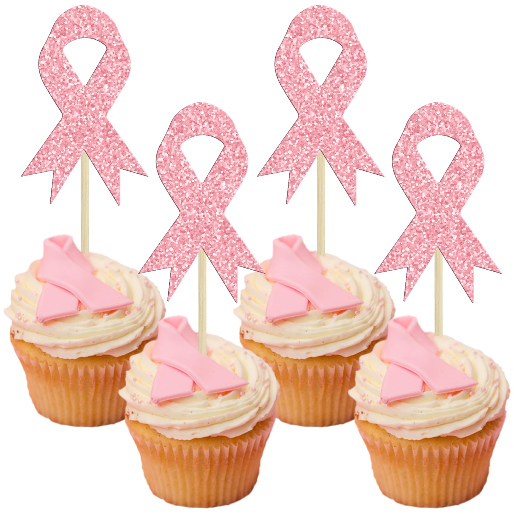 Gyufise 24Pcs Breast Cancer Awareness Cupcake Toppers - Glitter Pink Ribbon Picks, Fight Believe Hope Decorations for Breast Cancer Party Cake Supplies
