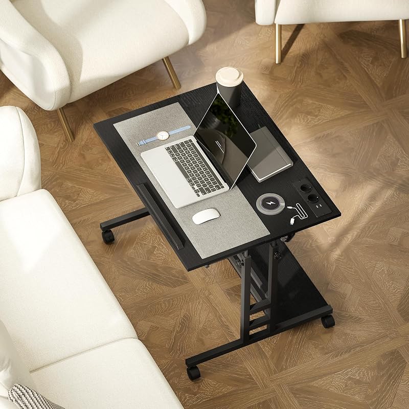 Escritorio Elevable con Ruedas, Puertos USB, 80x60 cm, Negro