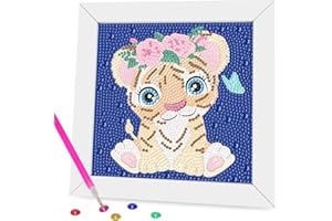 Miairivy Diamond Painting for Kids, 5D Animal Diamond Art Mini Small Kit(with Wooden Frame), DIY Cute Tiger Big Gem Painting Set, Paint by Diamonds Crafts for Girls Boys Ages 4-12