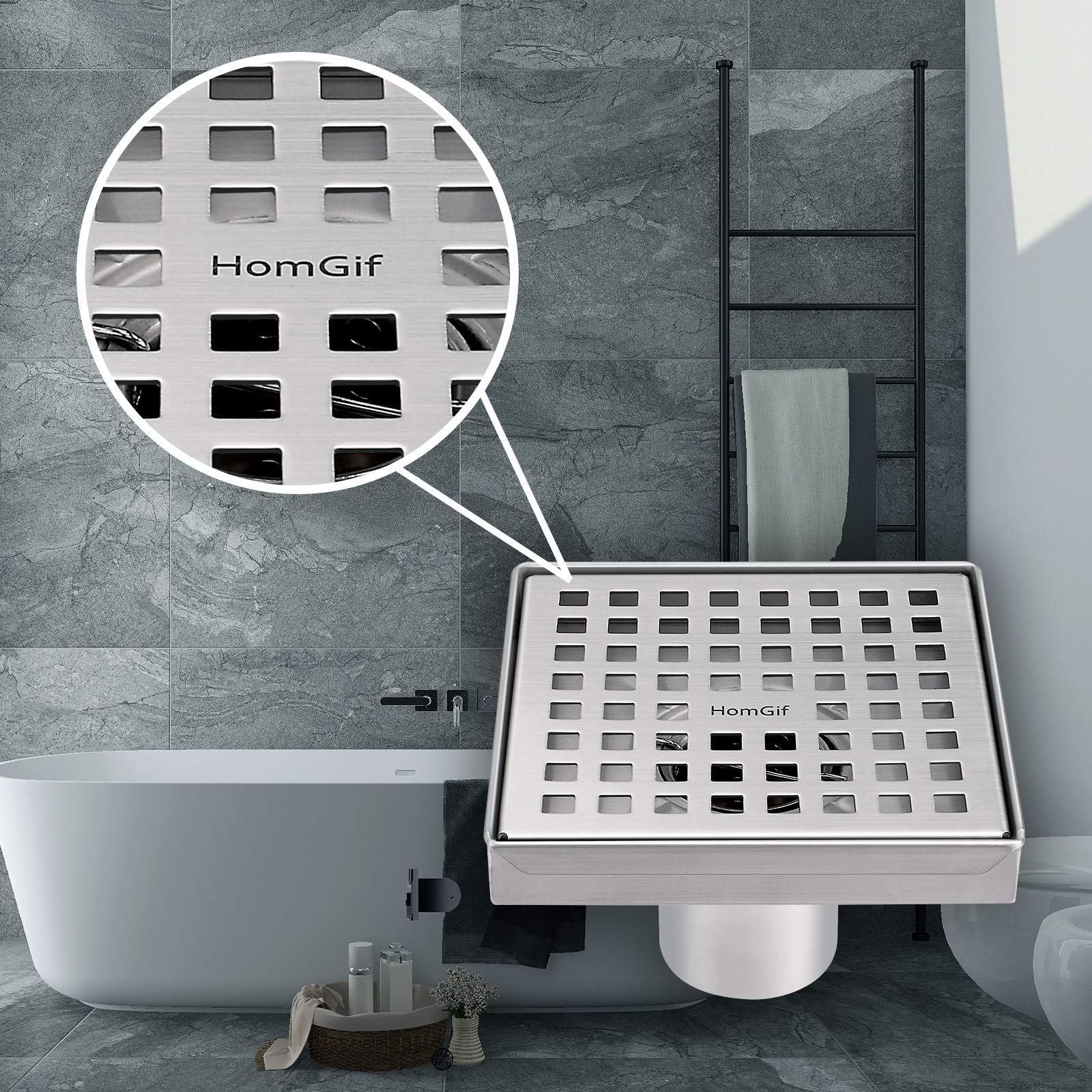 HomGif 5 Inch Square Shower Floor Drain for Bathroom Kitchen SUS 304 Stainless Steel Brushed Finish with Removable Hair Strainer Quadrate Pattern Cover