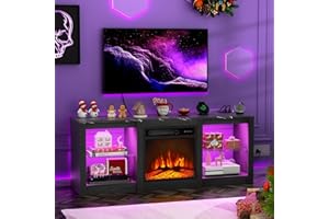 BREEZEHEAT 58inch Electric Fireplace TV Stand for 65'' TV-Entertainment Center with 18'' Fireplace and Led Light-TV Console with Glass Shelves, Power Outlets, Remote Control (Black Marble)